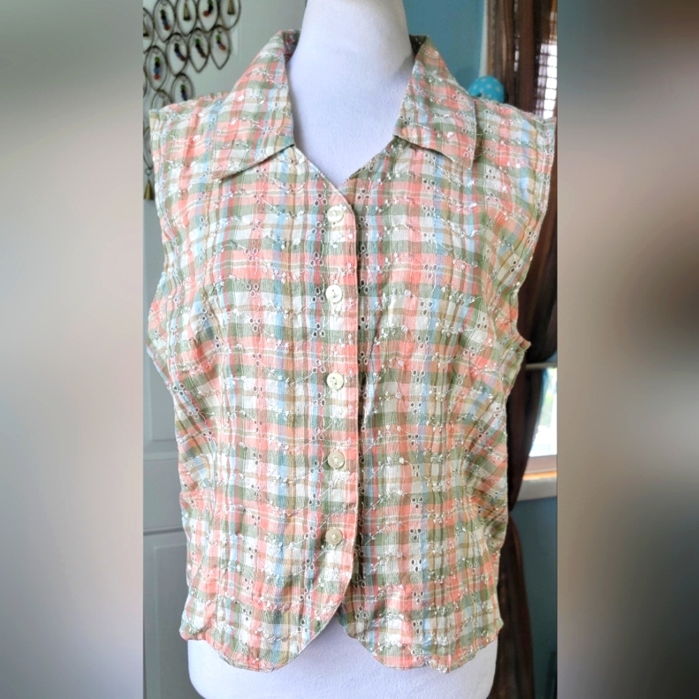 Vintage 90's Button Up Tank Women's L Multicolor Plaid w/Eyelets 100% Cotton NWT